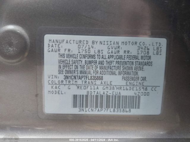 3N1CN7AP7FL835868 Nissan Versa 1.6 S+