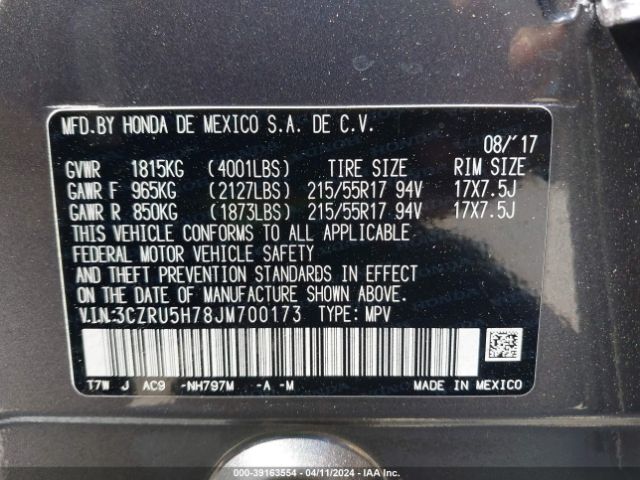 3CZRU5H78JM700173 Honda Hr-v Ex-l