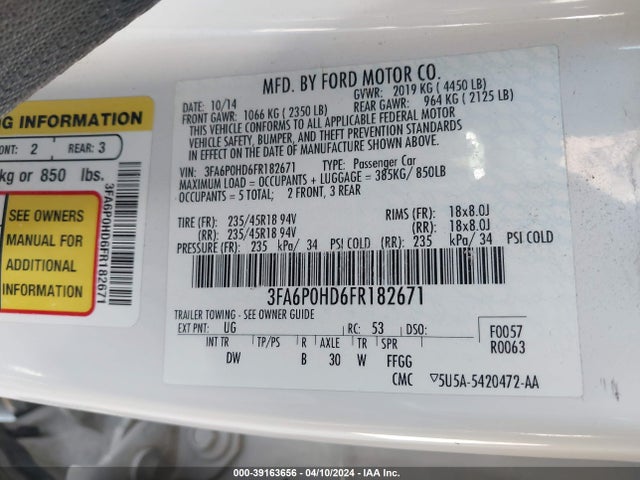 Ford FUSION SE 2015 3FA6P0HD6FR182671 Image 9