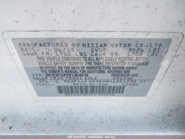 Nissan Versa 1.6 S+ 2015 3N1CN7APXFL954210 Image 9