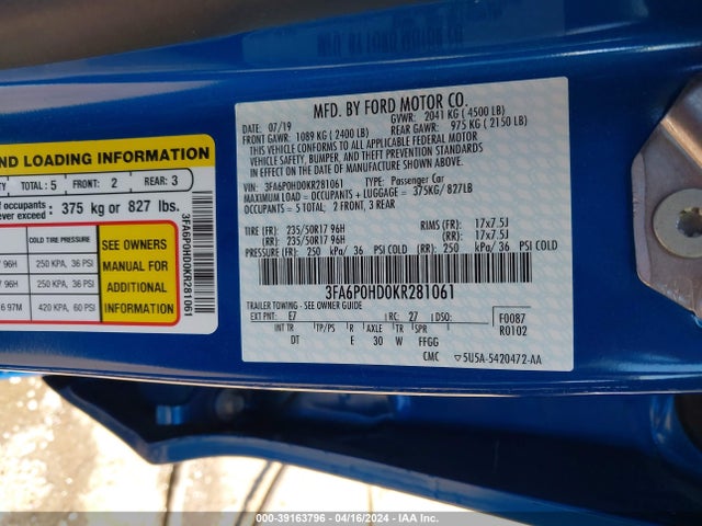 Ford FUSION SE 2019 3FA6P0HD0KR281061 Image 9