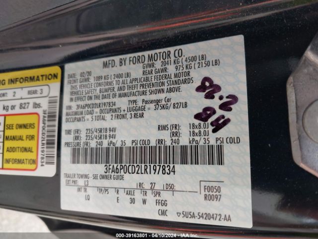 3FA6P0CD2LR197834 Ford FUSION SEL