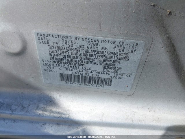 Nissan Versa S/s Plus/sv/sl 2016 3N1CN7AP3GL813691 Image 9