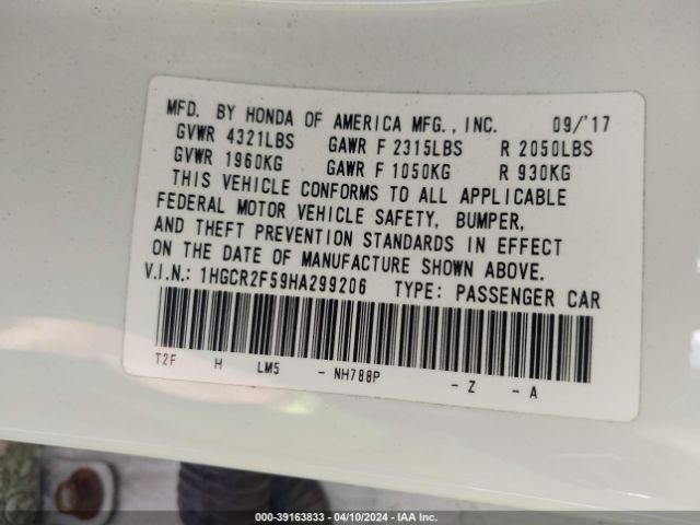 1HGCR2F59HA299206 Honda Accord Sport