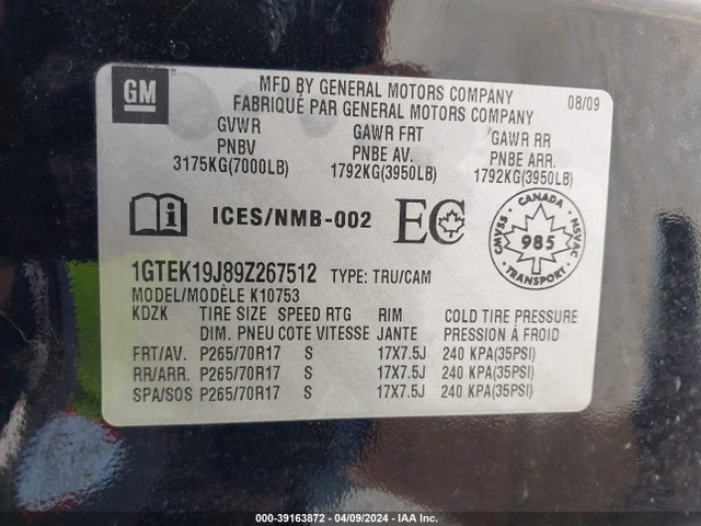 Aukcja sprzedaży 2009 Gmc Sierra 1500 Work Truck, vin: 1GTEK19J89Z267512, numer aukcji: 39163872