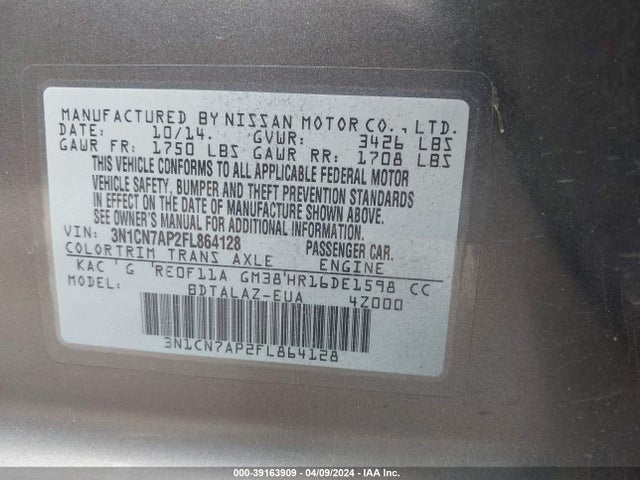 Nissan Versa S/s Plus/sv/sl 2015 3N1CN7AP2FL864128 Image 9