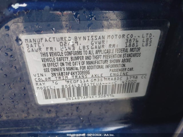 Nissan SENTRA SV 2019 3N1AB7AP4KY308996 Image 9