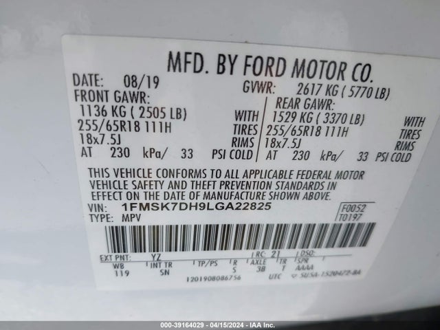 Ford EXPLORER XLT 2020 1FMSK7DH9LGA22825 Image 9