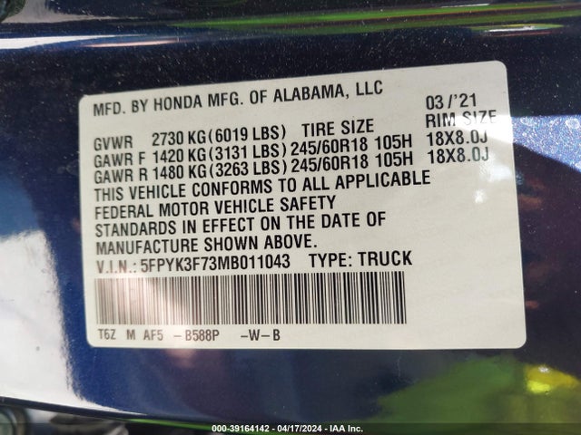 Honda Ridgeline Rtl-e 2021 5FPYK3F73MB011043 Image 9