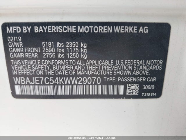 BMW 540i Xdrive 2019 WBAJE7C54KWW29070 Image 9