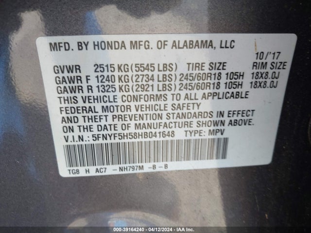Honda Pilot Ex-l 2017 5FNYF5H58HB041648 Image 9