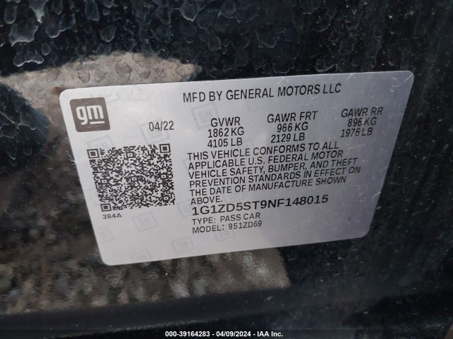 Продажа на аукционе авто 2022 Chevrolet Malibu Fwd Lt, vin: 1G1ZD5ST9NF148015, номер лота: 39164283