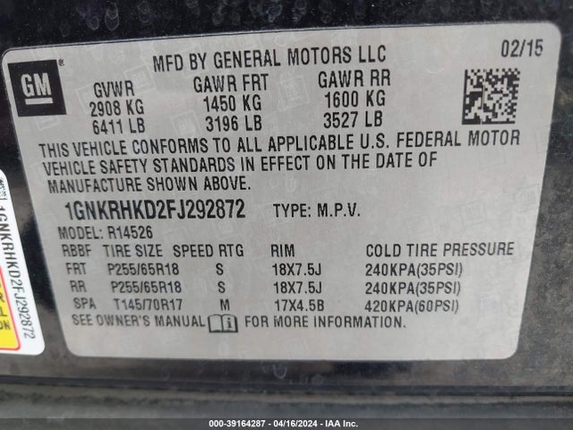 Chevrolet Traverse 2lt 2015 1GNKRHKD2FJ292872 Image 9