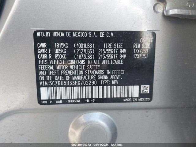 Honda HR-V LX 2017 3CZRU5H33HG702290 Image 9