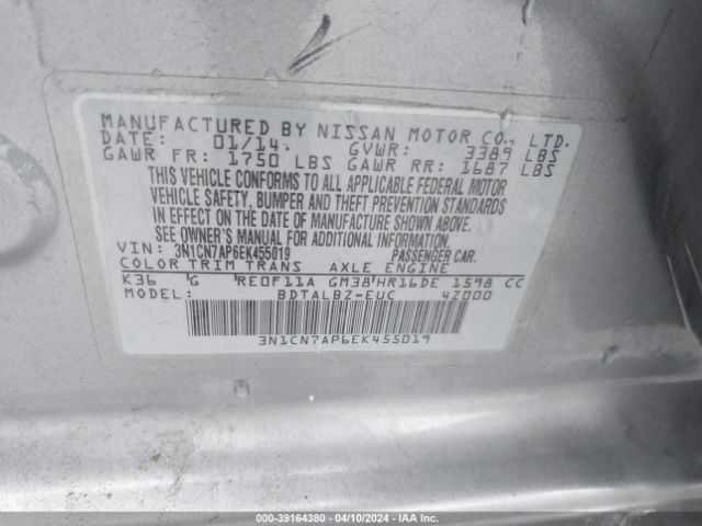 3N1CN7AP6EK455019 Nissan Versa 1.6 S/1.6 S+/1.6 Sl/1.6 Sv