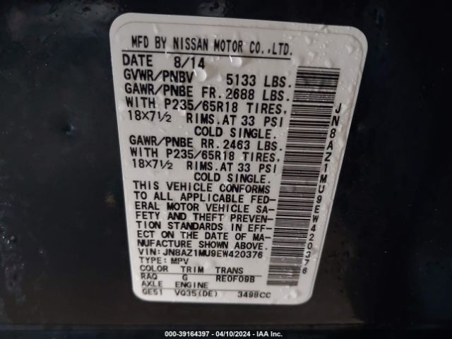 JN8AZ1MU9EW420376 Nissan MURANO SL