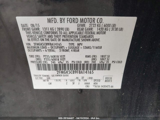 Ford FLEX SEL 2015 2FMGK5C89FBA14165 Image 9