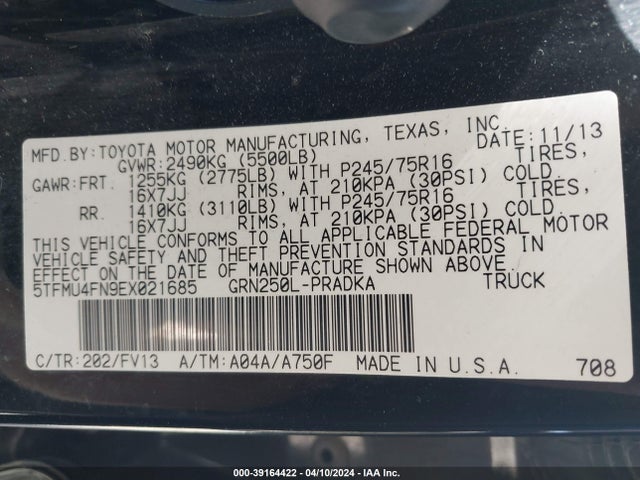 Toyota Tacoma Base V6 2014 5TFMU4FN9EX021685 Image 9