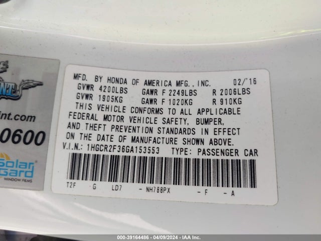 Honda ACCORD LX 2016 1HGCR2F36GA153553 Image 9