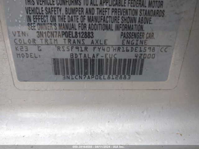 3N1CN7AP0EL812883 Nissan Versa 1.6 S