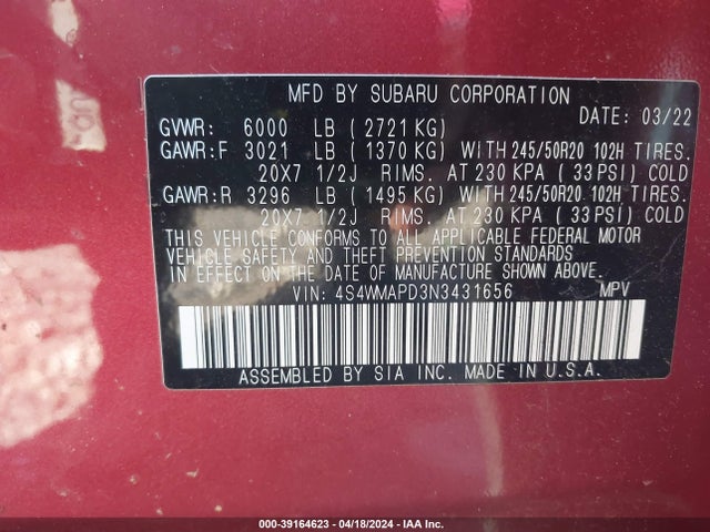 Subaru Ascent Limited 2022 4S4WMAPD3N3431656 Image 9