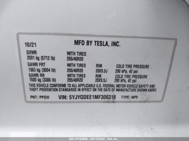 5YJYGDEE1MF306318 Tesla Model Y Long Range Dual Motor All-wheel Drive