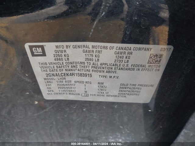 Chevrolet EQUINOX LT 2017 2GNALCEK4H1583915 Image 9
