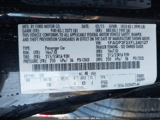 Ford FOCUS SE 2015 1FADP3F2XFL240127 Image 9