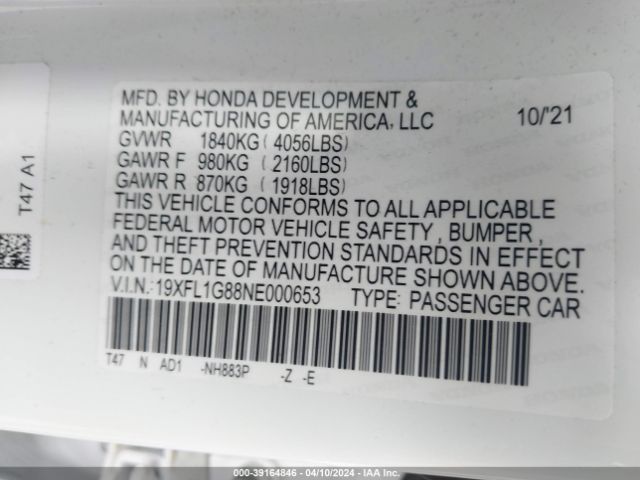 19XFL1G88NE000653 Honda Civic Sport Touring