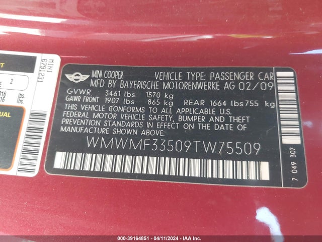 2009 MINI COOPER WMWMF33509TW75509 Photo 8