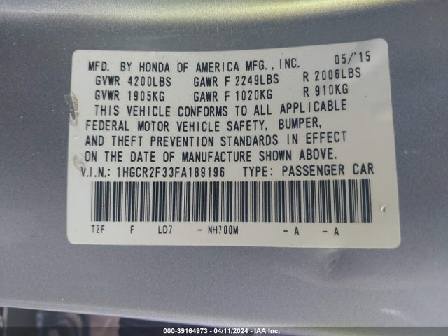 Honda ACCORD LX 2015 1HGCR2F33FA189196 Image 9