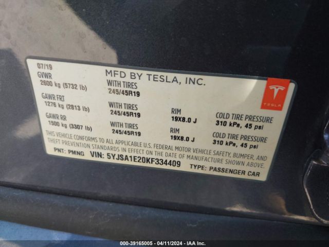 5YJSA1E20KF334409 Tesla Model S 100d/75d/long Range/standard Range