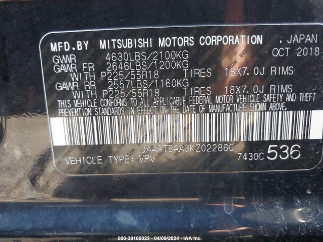 Mitsubishi Eclipse Cross Sel 2019 JA4AT5AA3KZ022860 Image 9