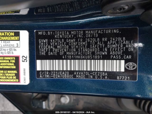 4T1B11HK6KU851891 Toyota CAMRY SE