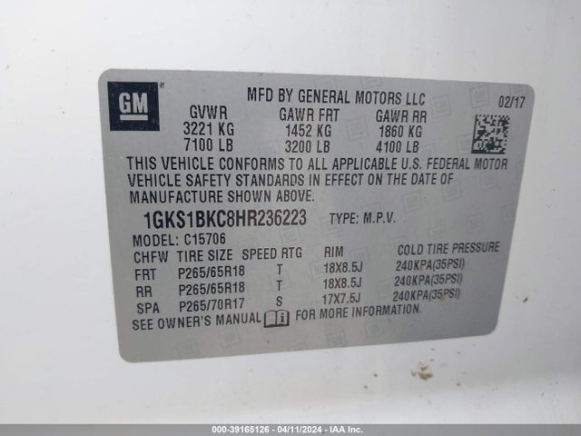GMC YUKON SLT 2017 1GKS1BKC8HR236223 Image 9