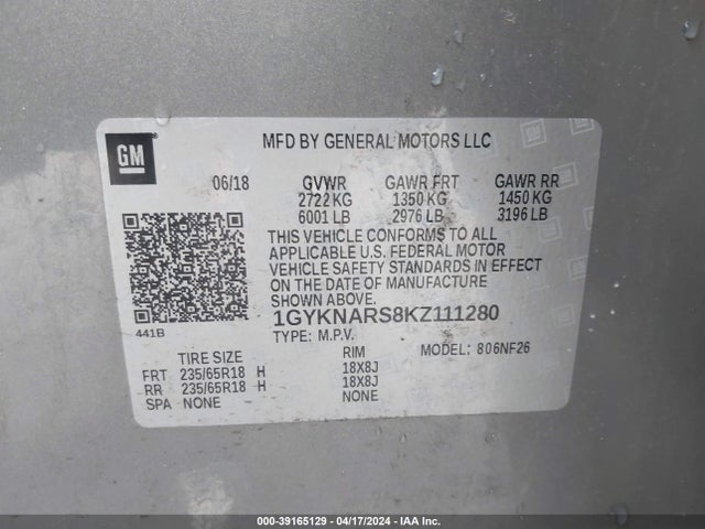 1GYKNARS8KZ111280 Cadillac Xt5 Standard