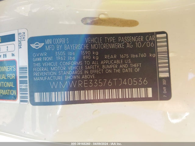 2006 MINI COOPER S WMWRE33576TJ40536 Photo 8