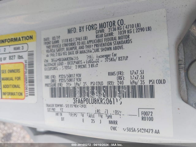 Ford Fusion Hybrid Se 2019 3FA6P0LU8KR206115 Image 9
