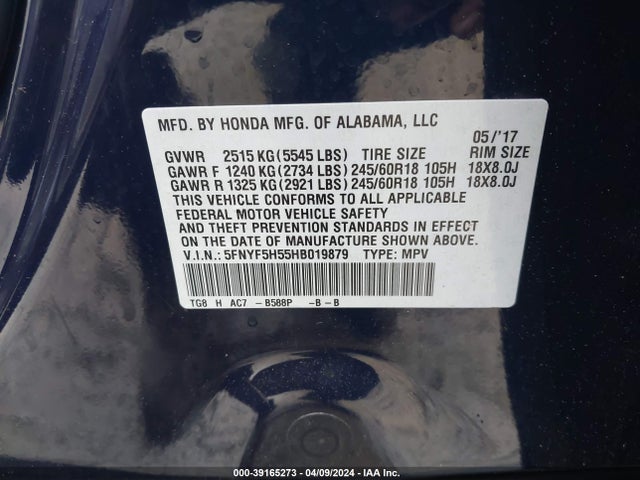 Honda Pilot Ex-l 2017 5FNYF5H55HB019879 Image 9