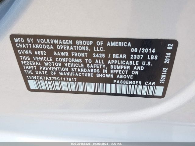 1VWCN7A37EC117917 Volkswagen Passat 2.0l Tdi Sel Premium