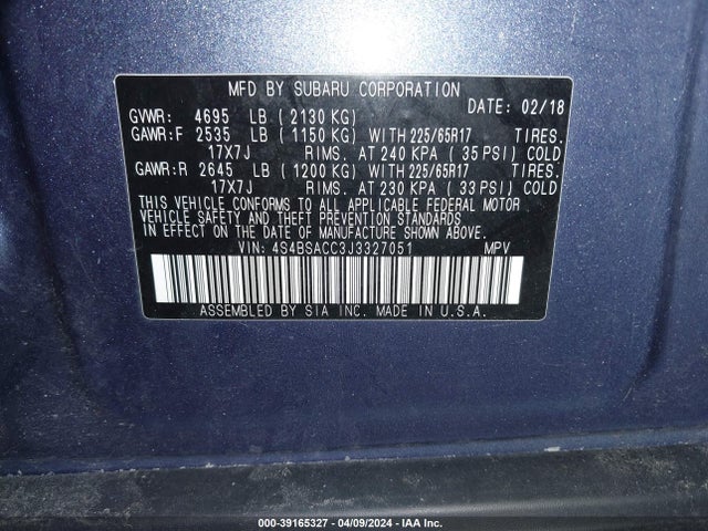 Subaru Outback 2.5i Premium 2018 4S4BSACC3J3327051 Image 9