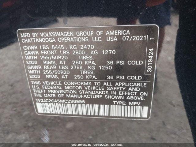 1V2JC2CA5MC236996 Volkswagen Atlas Cross Sport 2.0t Se W/technology