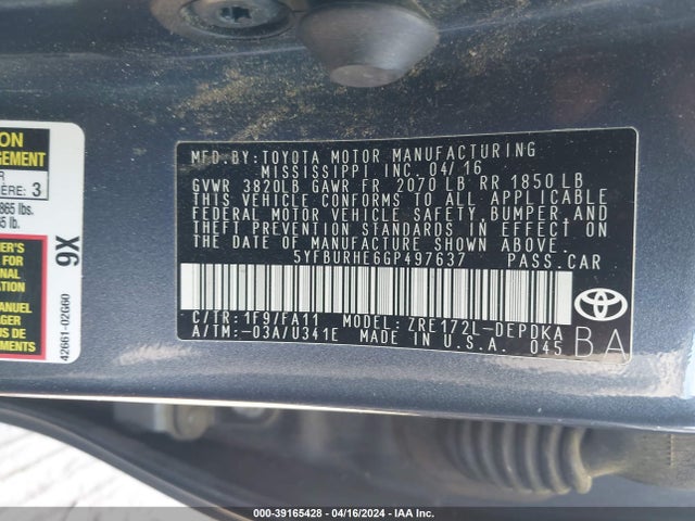 Toyota COROLLA L 2016 5YFBURHE6GP497637 Image 9