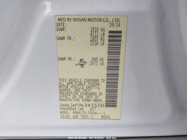 Nissan Altima 2.5 Sl 2015 1N4AL3AP7FN345570 Image 9