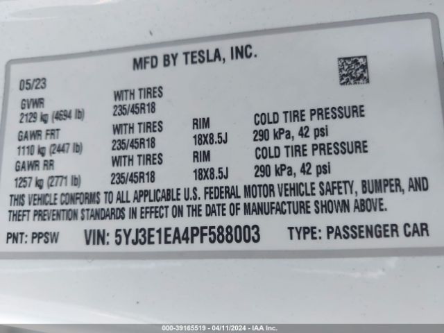 5YJ3E1EA4PF588003 Tesla Model 3 Rear-wheel Drive