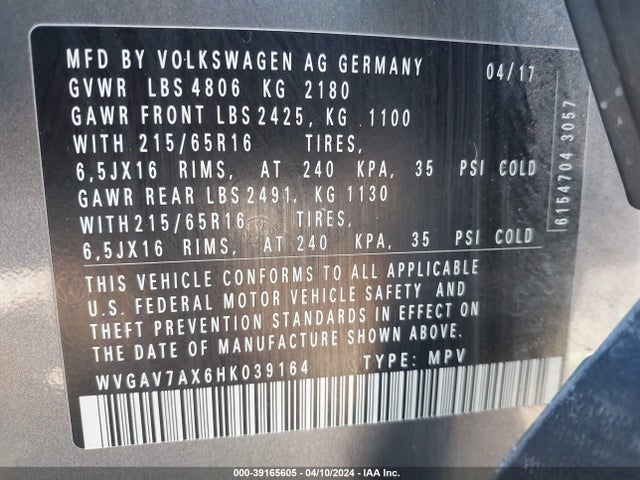 WVGAV7AX6HK039164 Volkswagen Tiguan 2.0t/2.0t S