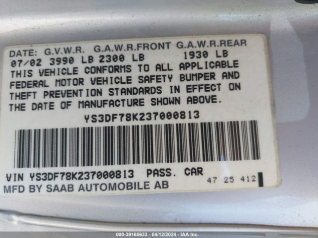 2003 SAAB 9-3 YS3DF78K237000813 Photo 8