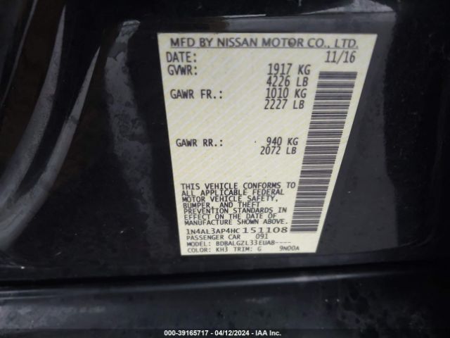 1N4AL3AP4HC151108 Nissan Altima 2.5/s/sv/sl/sr
