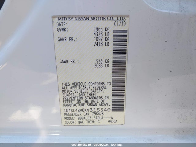 Nissan Altima 2.5 S 2019 1N4BL4BV0KN315540 Image 9