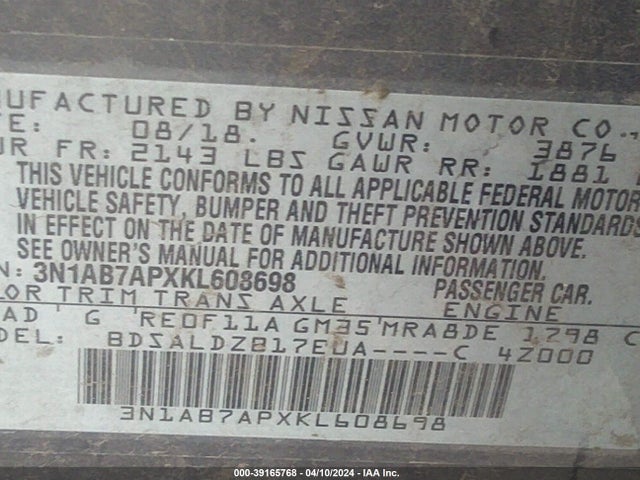 Nissan SENTRA SV 2019 3N1AB7APXKL608698 Image 9